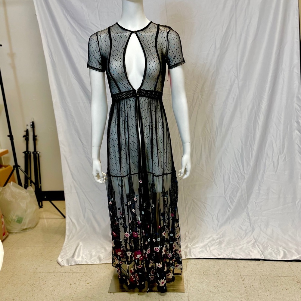 Floral Embroidered dotted Swiss mesh maxi duster